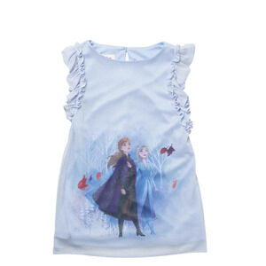 Disney Frozen Anna Elsa Print Shift Ruffled Sleeveless Jersey Dress Blue 4 NWOT